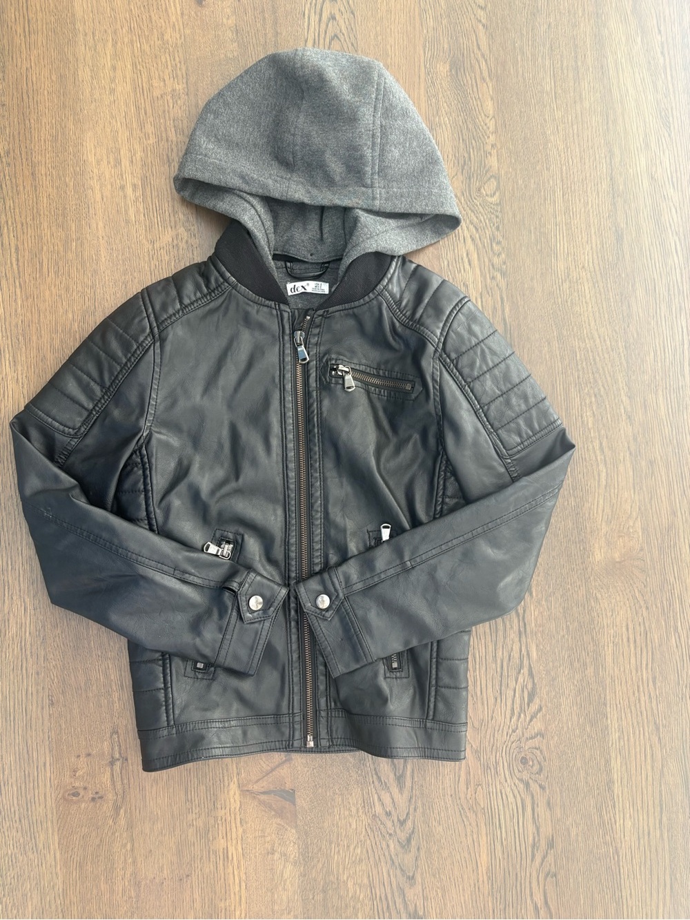 Dex Gray Knit Hoodie with Black Faux Leather Trim